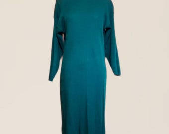 1980's Teal Mod Mockneck Knit Long Sleeve Sweater Dress