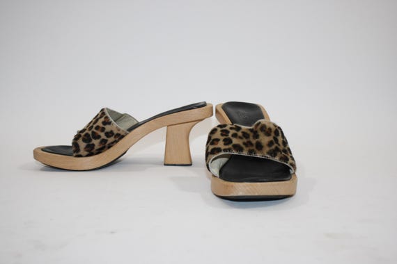 90s Guess Leopard Mules: Fuzzy Y2K Wooden Heel Sa… - image 1