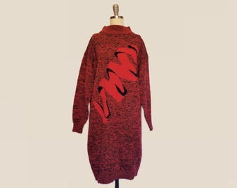 1980's New Wave Abstract Helix Red & Black Knit Mock Neck Sweater Dress