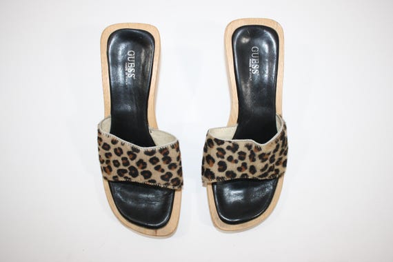 90s Guess Leopard Mules: Fuzzy Y2K Wooden Heel Sa… - image 8