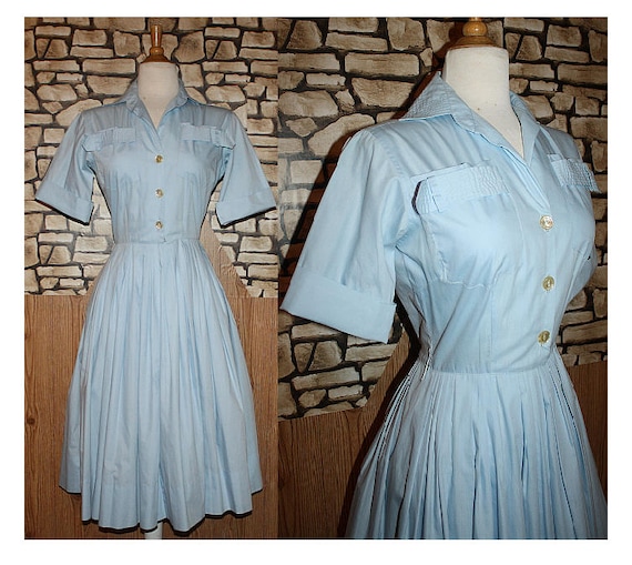 Classic 1950's Blue Shirtwaist Full Skirted Day Dr