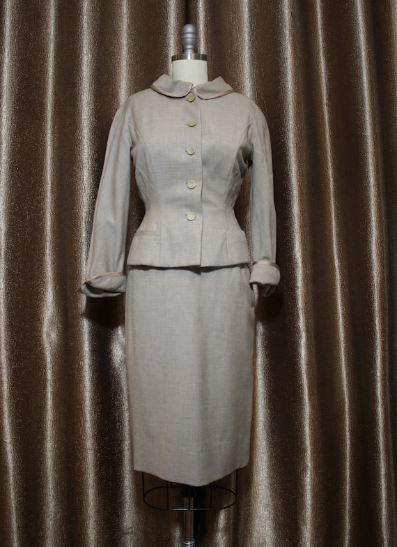 1950's Tailored Gray Wool Nipped Waist Dress Suit 