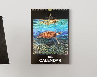 2024 Wall Calendar featuring original art-turtles,birds,flowers,fish,impressionism,circus,cityscape,landscape,koi,fengshui,unique texture