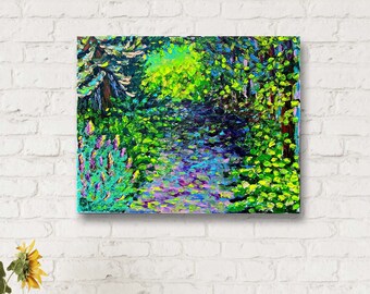 Portage Park trail - Canadian cedars and trees, sunlight,original bold color highly textured oil finger painting for nature lovers, hikers