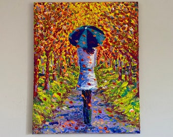Autumn Leaves Walk - Oil Fingerpainting on Canvas