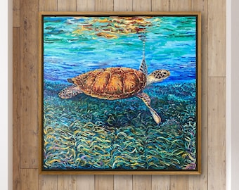 Seagrass Serenade-turtle coral,Hawaiian seascape,nautical, nature conservation, divers and snorkelers,Original textured Oil finger Painting