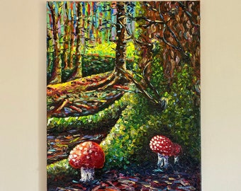 Sunlit Forest -  mushroom scene with trees, Original highly textured oil finger painting on canvas for nature lovers