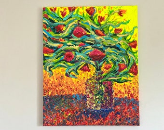 Vase with Red Flowers - Oil Fingerpainting on Canvas