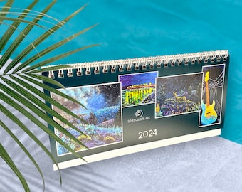 2024 desk calendar featuring original art-turtles,guitar,forest,mushroom,birds,fish,landscape,seascape,island,lake,pine,finger painting,bold