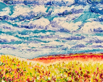 Poppy field and clouds - Original oil fingerpainting on canvas
