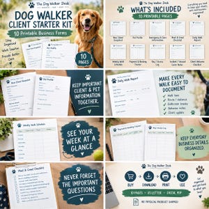 Pode incluir: Um kit inicial digital para passeadores de cães com 10 formulários comerciais imprimíveis, incluindo perfil do animal, relatório diário de caminhada e agenda semanal para organizar informações de clientes e cuidados com os animais.