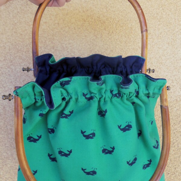 Small Green Beach Bag - Blue Whale Print and Bamboo handles - Summer purse
