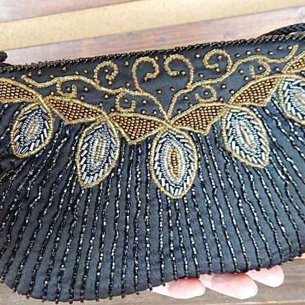 Vintage Beaded Black Long Rope Strap Purse - Crossbody Bag - Formal Bag / Evening Bag / Clutch