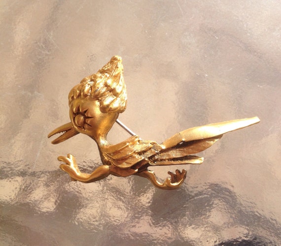 Roadrunner Brooch, Roadrunner Pin, Gold Roadrunner