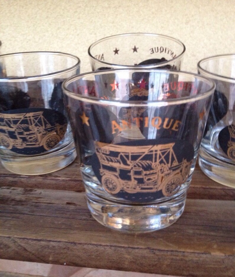 Vintage Libbey Black Gold Antique Car Glasses Transportation Etsy