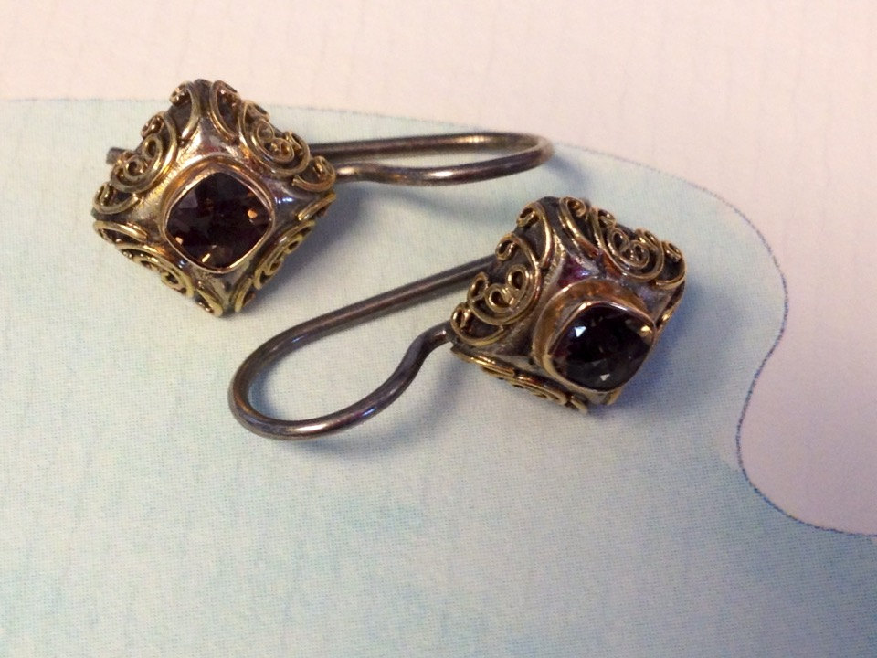 Dainty Chocolate Diamond Silver Earrings Gold Rim, Silver minimalist Chocolate Brown Diamond Gemstone Earrings