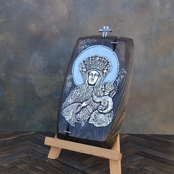 Vintage Religious Icon Silver Metal Art on Wood Plaque, Our Lady of Częstochowa, Artist Ryszard Pacho