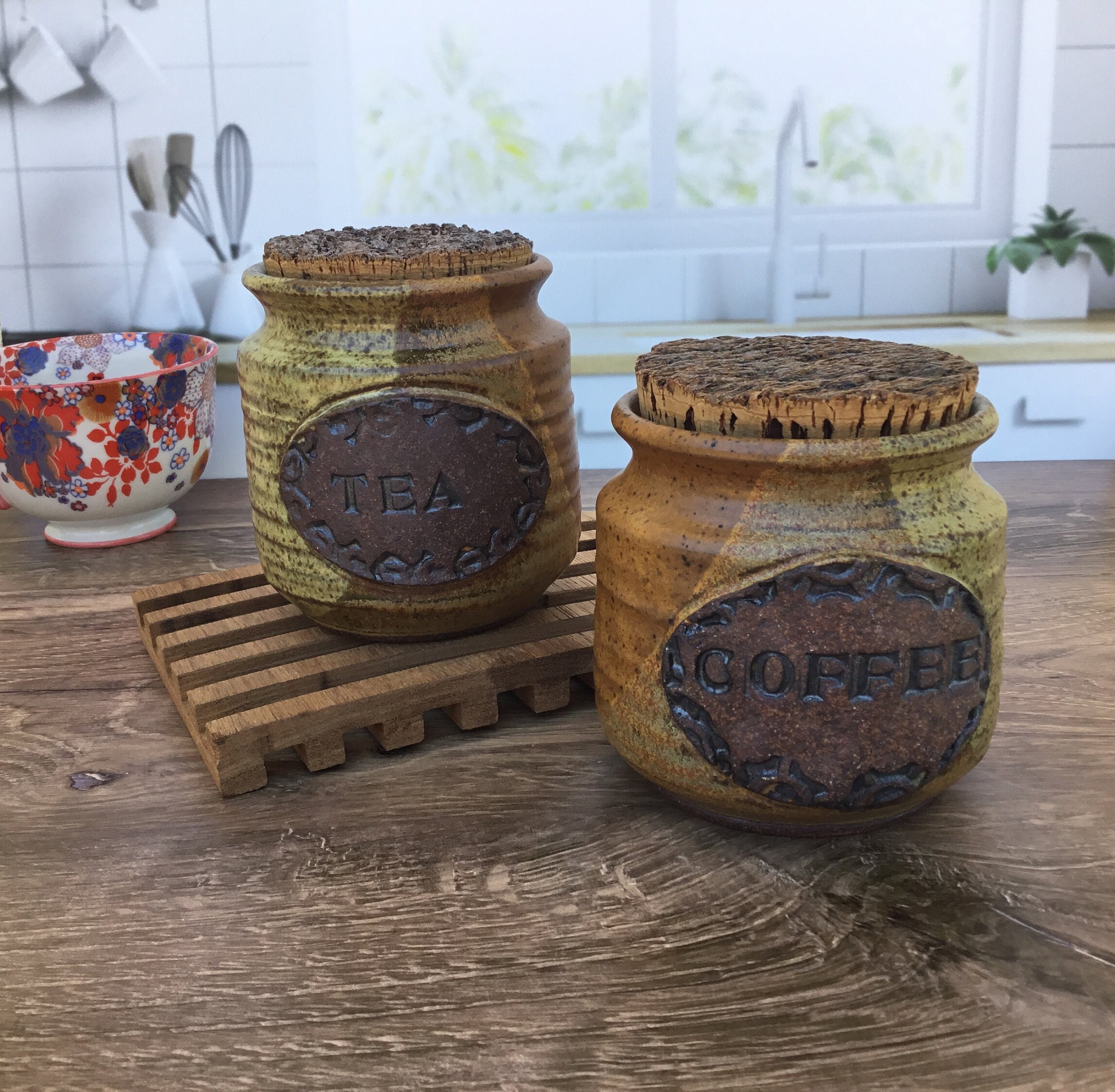 Set of Vintage TG Green Beige and Brown Granville Kitchen Storage Jars /  Flour, Tea, Coffee Sugar Canisters With Cork Lids 