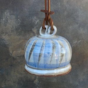 Vintage Studio Pottery Stoneware Bell with Leather Strap, Artist Signed 1983