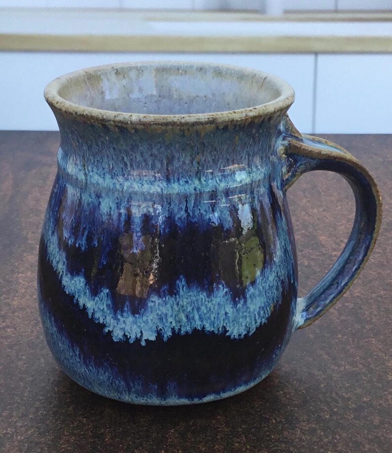 Studio Pottery Set of 4 Vintage Stoneware Coffee Mugs, Blue and Brown Drip Glaze, Handcrafted Artist Signed