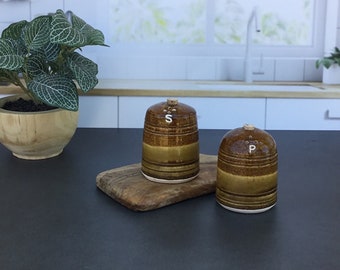 Vintage Studio Pottery Salt and Pepper Shakers, Beehive Shaped Stoneware, Artist Signed