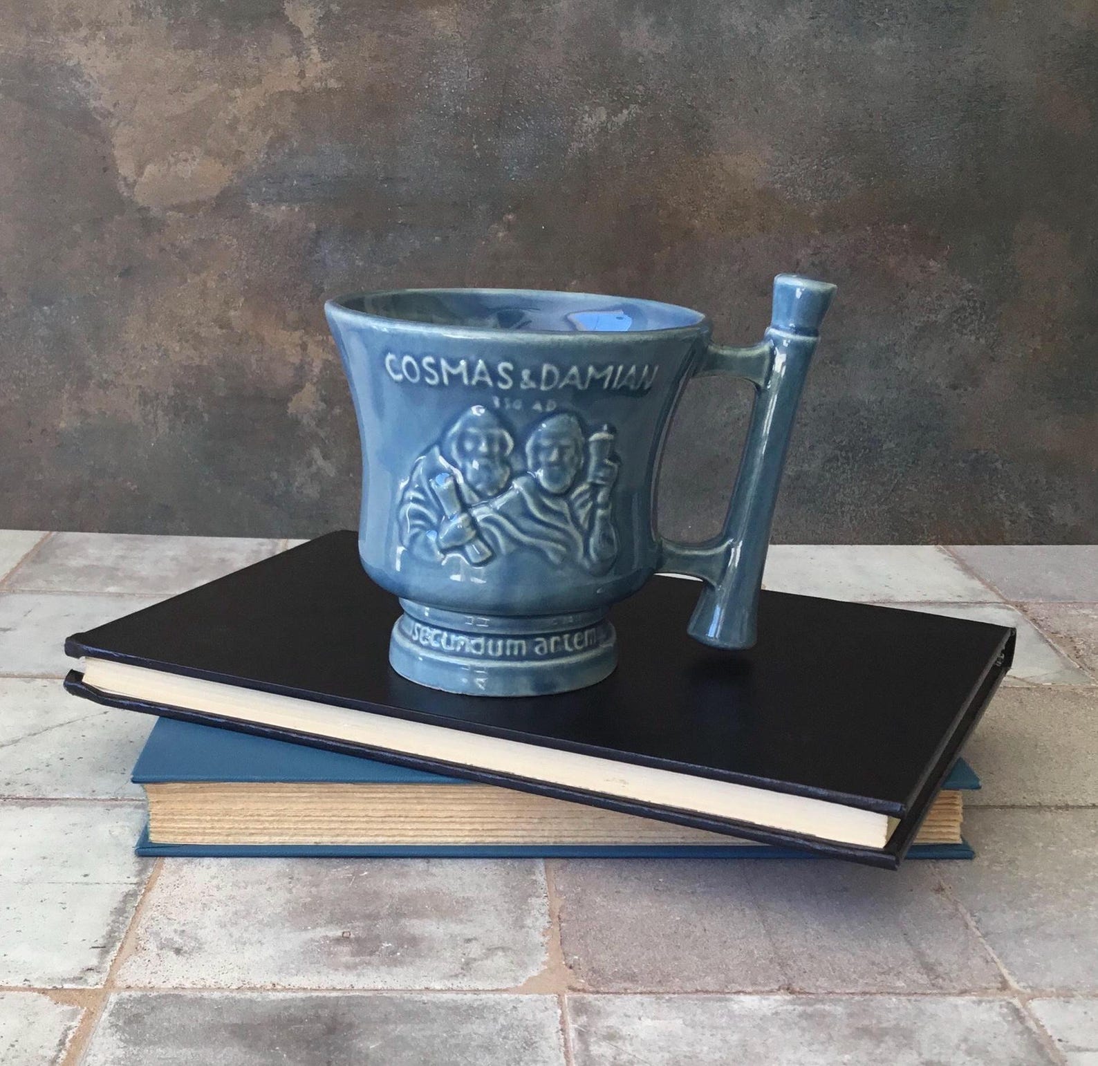 McCoy Schering 1960s Coricidin Ceramic Mug. Blue Rx Mug, Vintage Drug Rep Pharmaceutical Collectible
