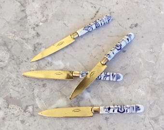 Antique Uchatius Bronce Fruit Knives: German Blue White Ceramic