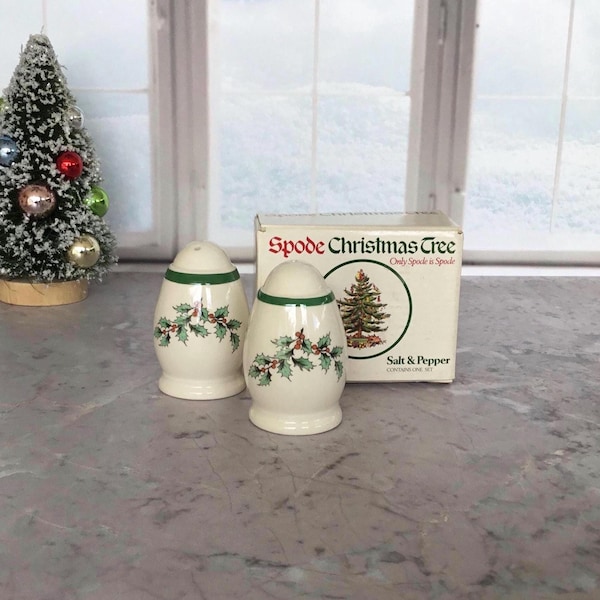 Spode Christmas Tree Salt and Pepper Shakers with Stoppers, Original Box, Made in England