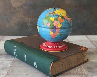 Vintage Ohio Art Company World Globe Coin Bank with Stopper, Metal Litho
