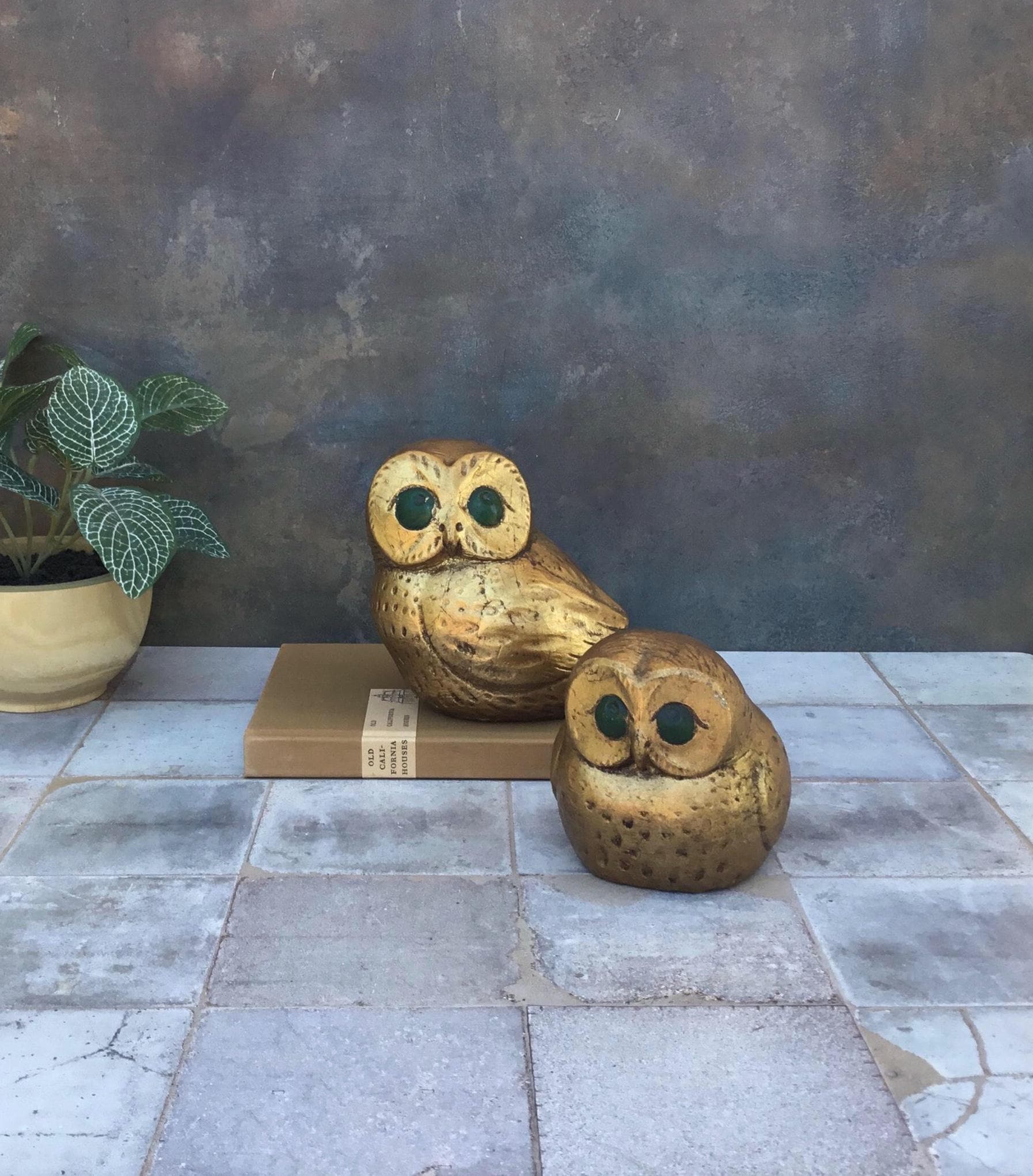 Vintage Jaru Owl Figurines, Gold Leaf Heavy Plaster Set of 2, MCM Decor