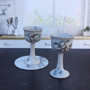 Vintage Studio Pottery Stoneware Goblets, Set of 2, Abstract Design, Wedding Toast Chalice