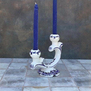 Vintage Portuguese Double Candlestick Holder, Faireal Alcobaca Portugal, Hand Painted Blue Design