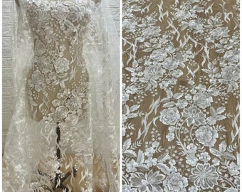 1Yard High Quality Off-White Big Flower Lace Fabric,Shiny Sequin Lace,Bridal Dress,Embroidery Floral Lace,Bride Robe with 3D flowers