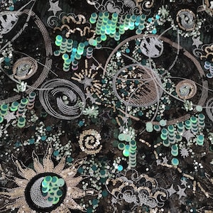 1Yard Starry Sky Sequin Fabric,Flower Sequin Dress,Star&Moon Fabric,Embroidery Universe Fabric,Partry Dress,Bridal Dress,Iridescent Fabric