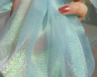 1 Yard Sparkle Shiny Fabric Organza,Stiff Magic Light Blue Gauze.Wedding Bridal Dress Veil,Prom Party Decor Background DIY Supplies
