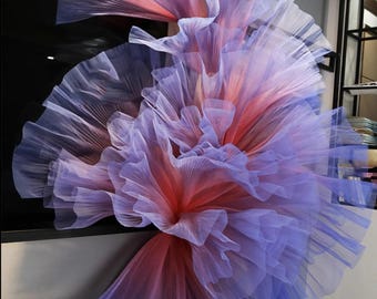 Gradient Color Pleated Fabric,Stiff Hard Hand Feel Fold Tulle Fabric,Ruff Lace Fabric,Stiff Shape Texture,Small Crinkle Designer Fabric
