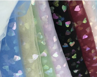 1Yard Iridescent Heart Tulle Fabric,Hight Quality SOFT&SMOOTH Heart Print on Tulle Fabric,Party Decor,DIY Supplies,Girl Dress,Rainbow Fabri