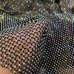 Rhinestone Fabric,AB Iridescent Rhinestone Fabric,Sparkle Hollow Out Diamond Fish Net Fabric,Stretch Fabric