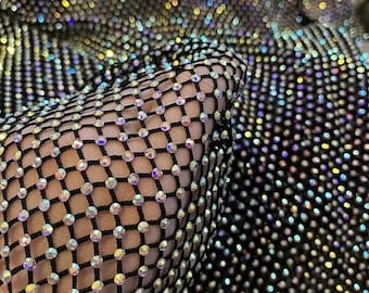Rhinestone Fabric,AB Iridescent Rhinestone Fabric,Sparkle Hollow Out Diamond Fish Net Fabric,Stretch Fabric