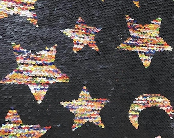 New!! 1 yard Stars&Moon Flip Sequin Fabric,Reversible Sequin Fabric,Sequins on Mesh Fabric,Two-Tone Flip up Same color Mermaid Sequin Fabric