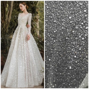 1Yard Gradual Change Crtstal Bead Sequin Lace,Off White Bridal Dress Lace,Gradient Sequin Bead Fabric,Wedding Dress,Bridal Veil