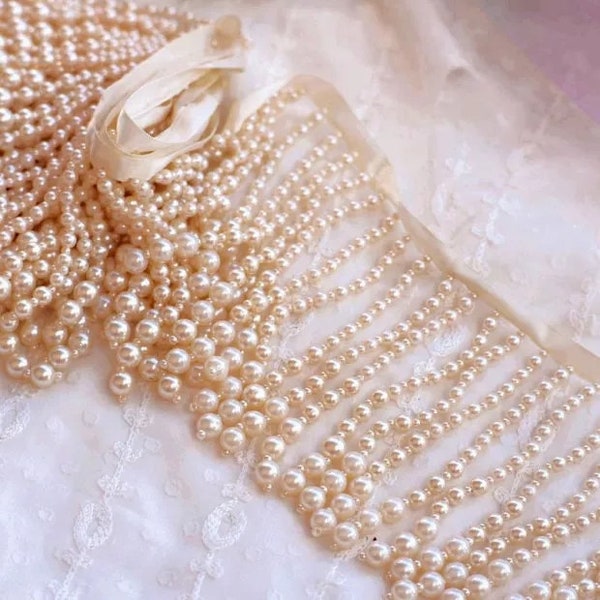 1Yard Pearls Lace Trim,Tassel Beads Lace Fabric,Bridal Dress Necklace Supplies, Pearls Lace Fabric,Fringe Wedding Lace Trim,Lace Fabric