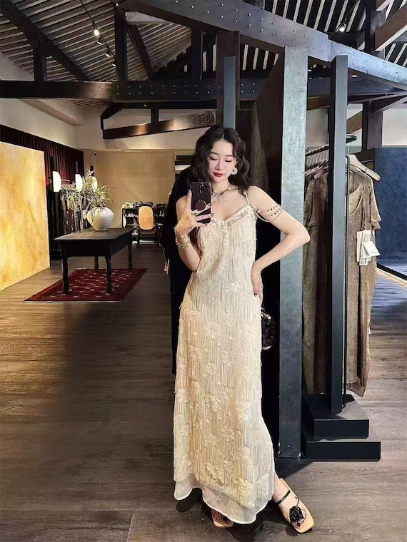 Rose Gold Tassel Fringe Sequin Fabric,cream Embroidery Hollow Out Mesh  Sequin Lace,ivory Prom Party Evening Dress,bridal Dress Gown - Etsy Israel