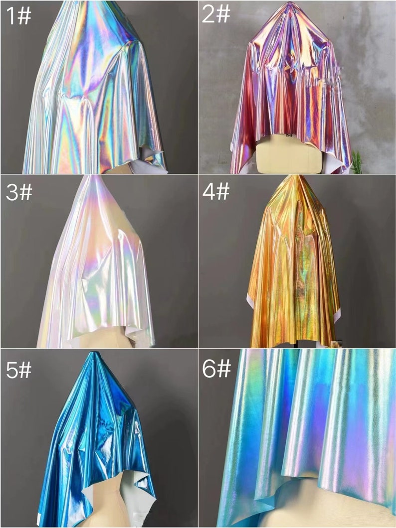 May include: Six samples of iridescent fabric in different colors. The fabric is draped over a white mannequin form. The colors are silver, pink, white, gold, blue, and teal.