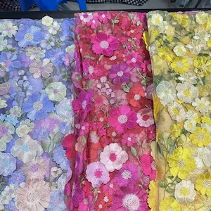 Emerald & Purple Sequin Floral Mesh Lace – 3D Garden Embroidered Tulle Fabric