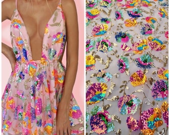 Wholesale Price!3D Floral Sequin Fabric,Mix 8 Crystal Colors Flower Dress Fabric,Embroidery Soft Mesh Fabric,Prom Dress,Beach Party Clothing