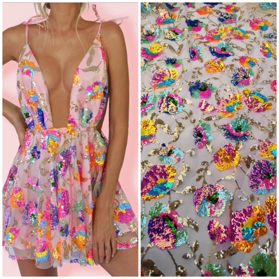 Wholesale Price3d Floral Sequin Fabric,mix 8 Crystal Colors Flower Dress  Fabric,embroidery Soft Mesh Fabric,prom Dress,beach Party Clothing 