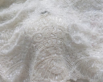 Tissu dentelle perlée blanc cassé de très haute qualité, 1 mètre, légèrement extensible dans les 2 sens, robe de mariée, robe de mariée, dentelle française, tissu haute couture,