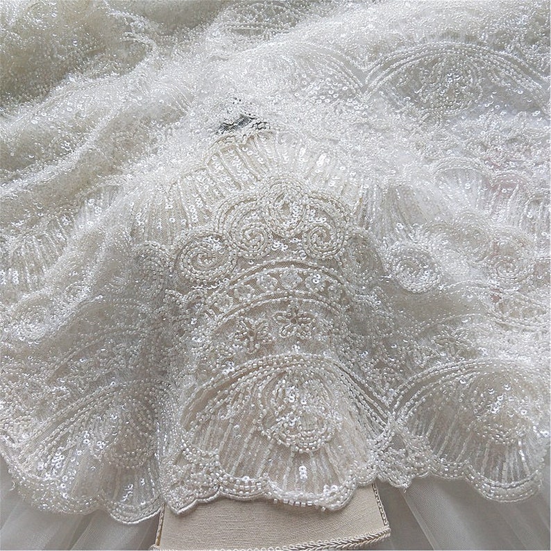 1Yard Super High Quality Off-White Beaded Lace Fabric,Slight Stretch on 2Way,Wedding Dress,Bridal Dress,French Lace,Houte Couture Fabric, 
