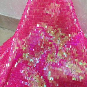 1 yard Neon Hot Pink Sequin Fabric,Sparkly Rectangular Sequins on Mesh for Dress Costumes,Iridescent Multi Color Sequin Fabric,